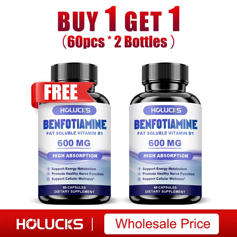 HOLUCKS Benfotiamine 600mg – Nerve & Energy Support Capsules Vitamin B1 Supplement Peaceful Pleasures Health and Wellness 2 Bottles-60pcs