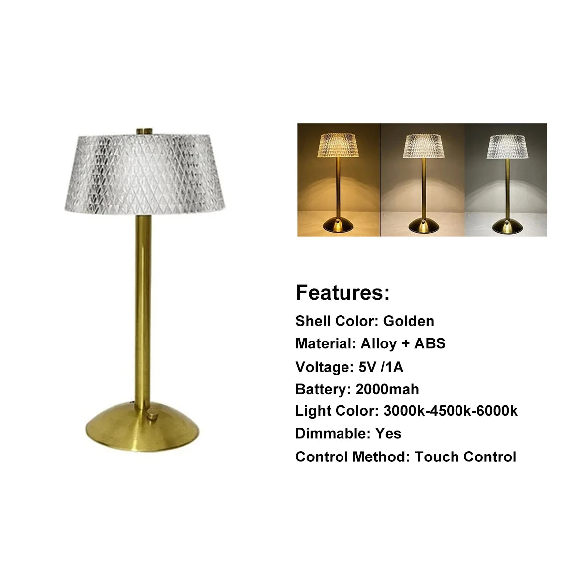 LED Cordless Table Lamp USB Rechargeable Night Light Coffe Bar Touch Dimming Desk Lamp Bedroom Decor Crystal Table Lamps Peaceful Pleasures Health and Wellness A-Gold USB Plug