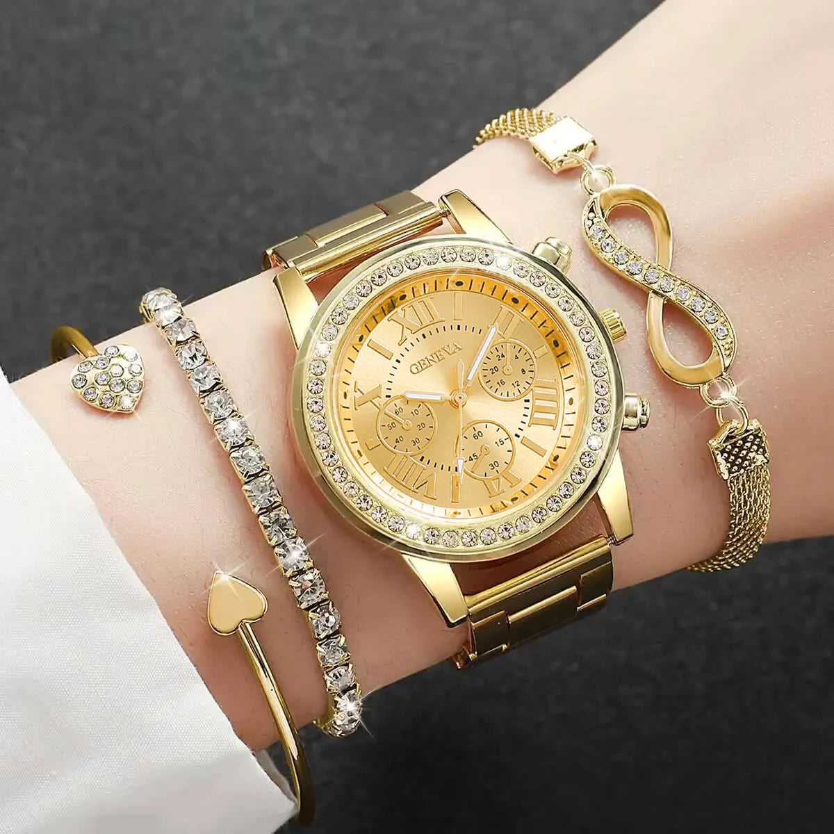4PCS/Set Fashion Rhinestone Women Watches Luxury Steel Band Ladies Quartz Watch Bracelets Set Reloj Mujer（Without Box） Peaceful Pleasures Health and Wellness