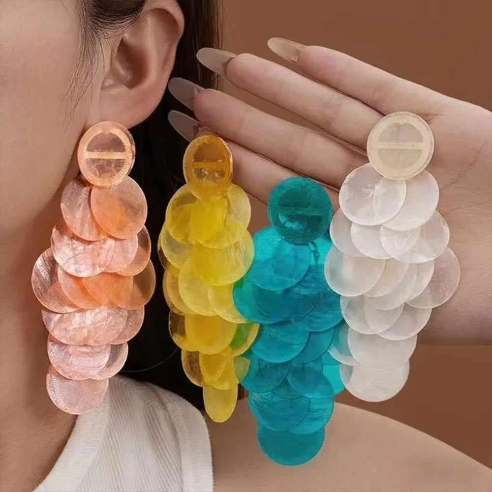 Shell Disc Tassel Drop Earrings – Boho Beach Style