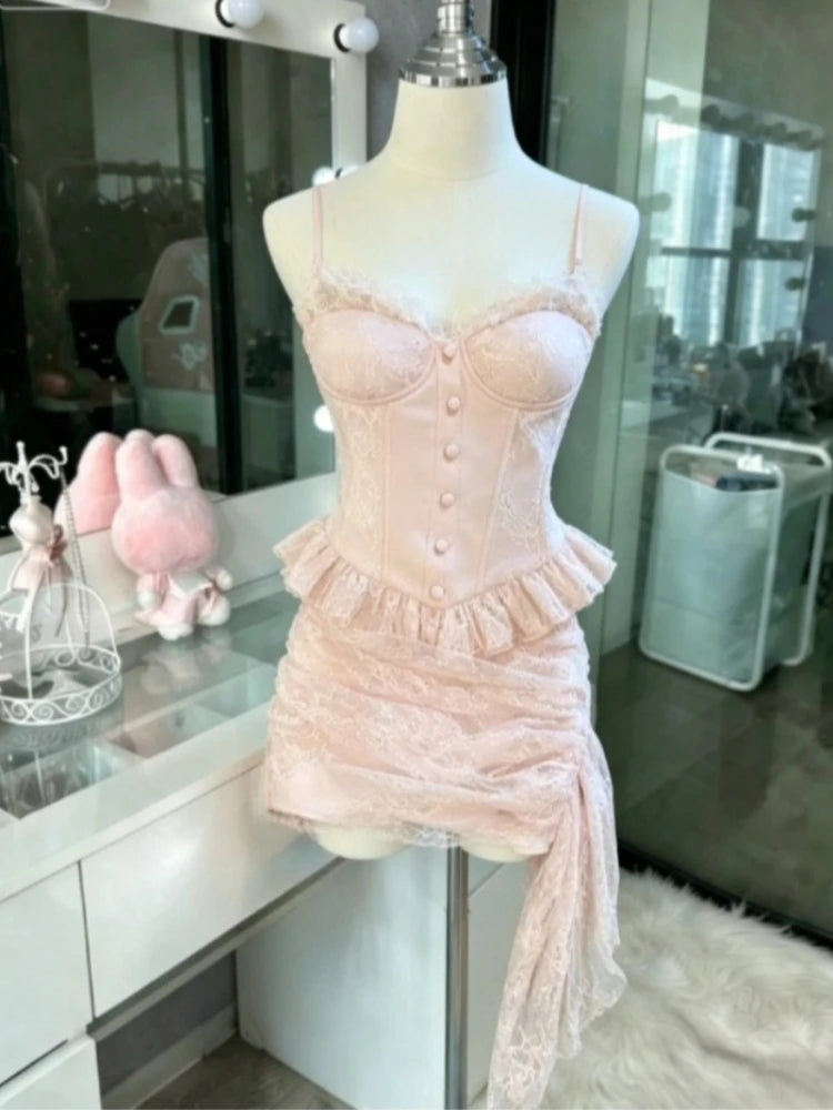French Style Sweet Cute Polka Dot Splicing Dress Lace Bow Korean Fashion Dresses New Design Slim Waist Lady Y2k Mini Dress Peaceful Pleasures Health and Wellness 1314 Set XS