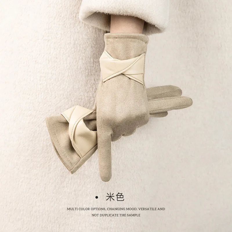 Women's Suede Touchscreen Winter Gloves – Warm Velvet Bow