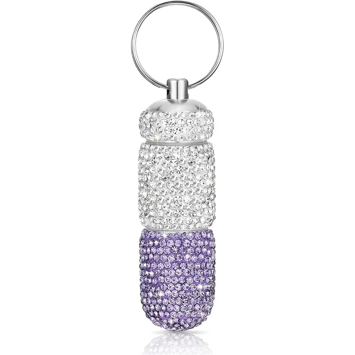 Bling Keychain Pill Box 2 Compartments Small Travel Pill Case Organizer Crystal Diamond Medicine Bottle Pill Bottle Keychain Peaceful Pleasures Health and Wellness Silver-Purple