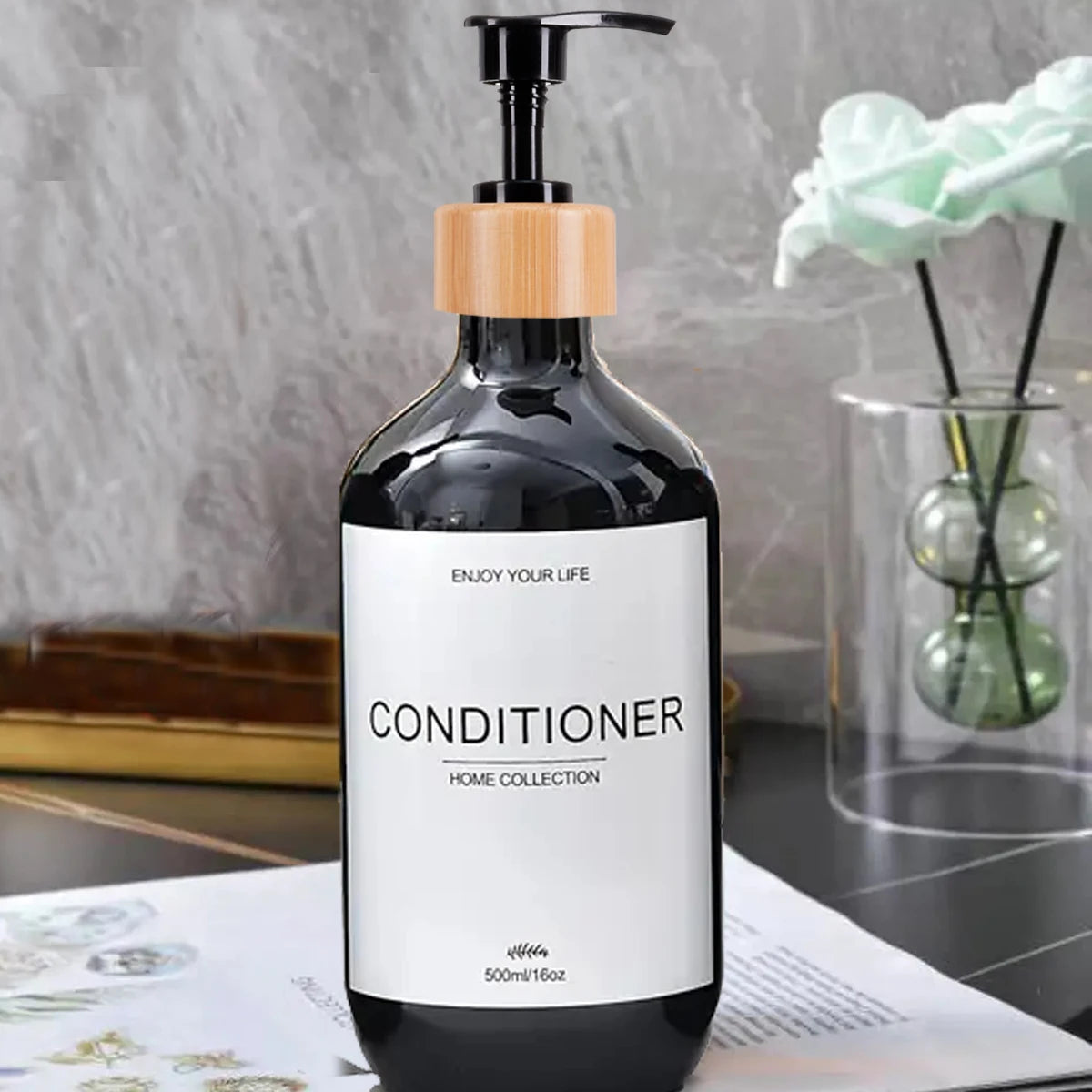 Bathroom Shampoo Dispenser Set 500ml Conditioner Body Wash Bottles Refillable Dispenser Farmhouse Decoration Storage Bottles Peaceful Pleasures Health and Wellness Black-C