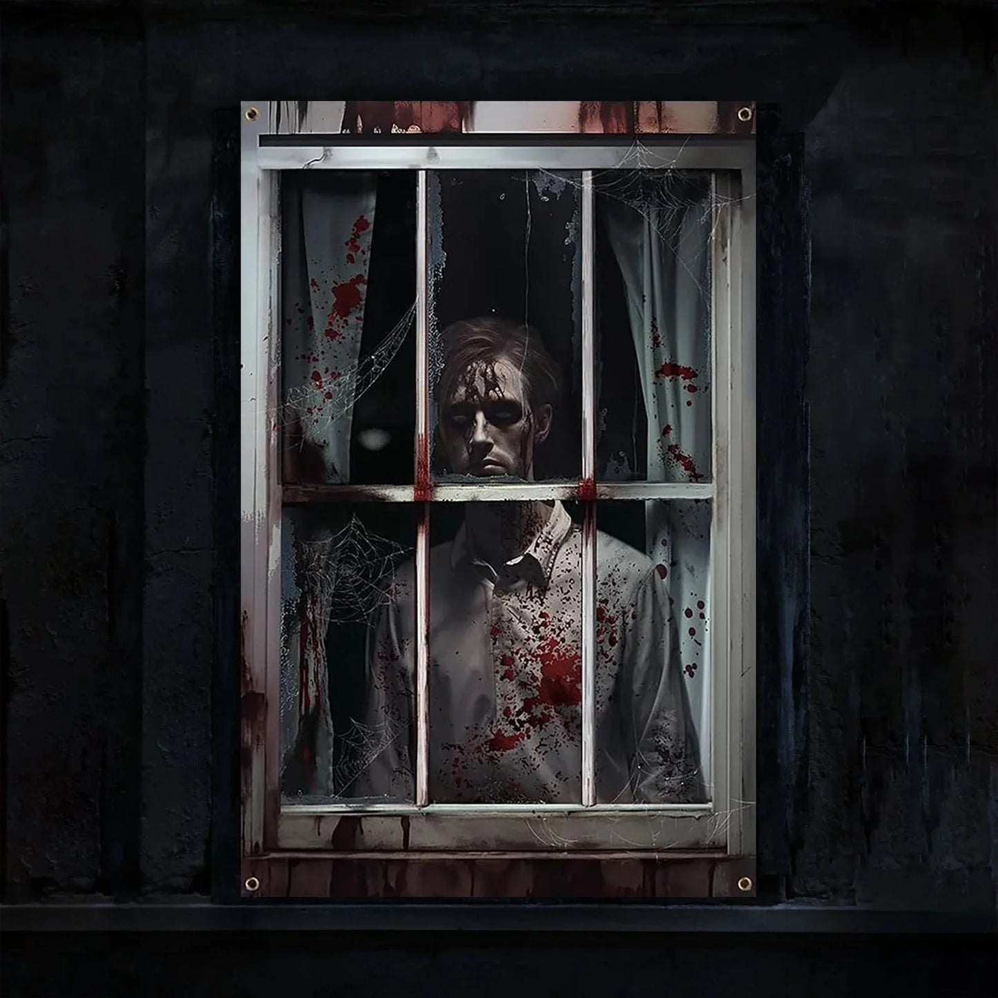 Halloween Window Silhouette Horror Poster – Blood Curtain Decor