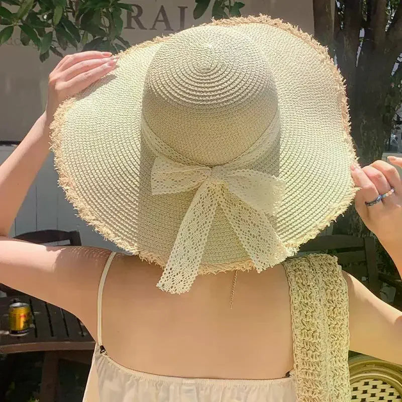 Women's Oversized Bow Straw Sun Hat – UV Protection Beach Hat