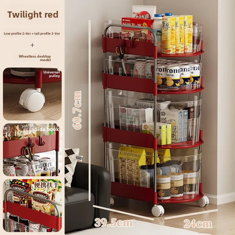 Mobile Cart Storage Rack Floor Standing Multi-Tiered Household Snack Kitchen Utility Organizer with Wheels Multi-Purpose Storage Peaceful Pleasures Health and Wellness 4 Wheels Red