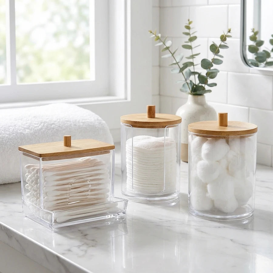Clear Acrylic Makeup Organizer – Cotton Pad & Swab Holder Cosmetic Storage Jar