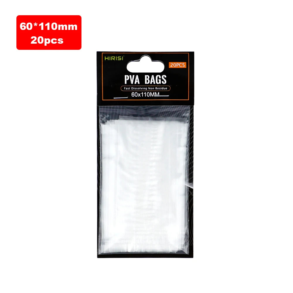 Hirisi 20Pcs Quick Dissolve PVA Fishing Bait Bags, 3 Sizes 60*130/85*140/70*200 Eco Water Soluble Carp Tackle Accessories Peaceful Pleasures Health and Wellness DY01-60x110