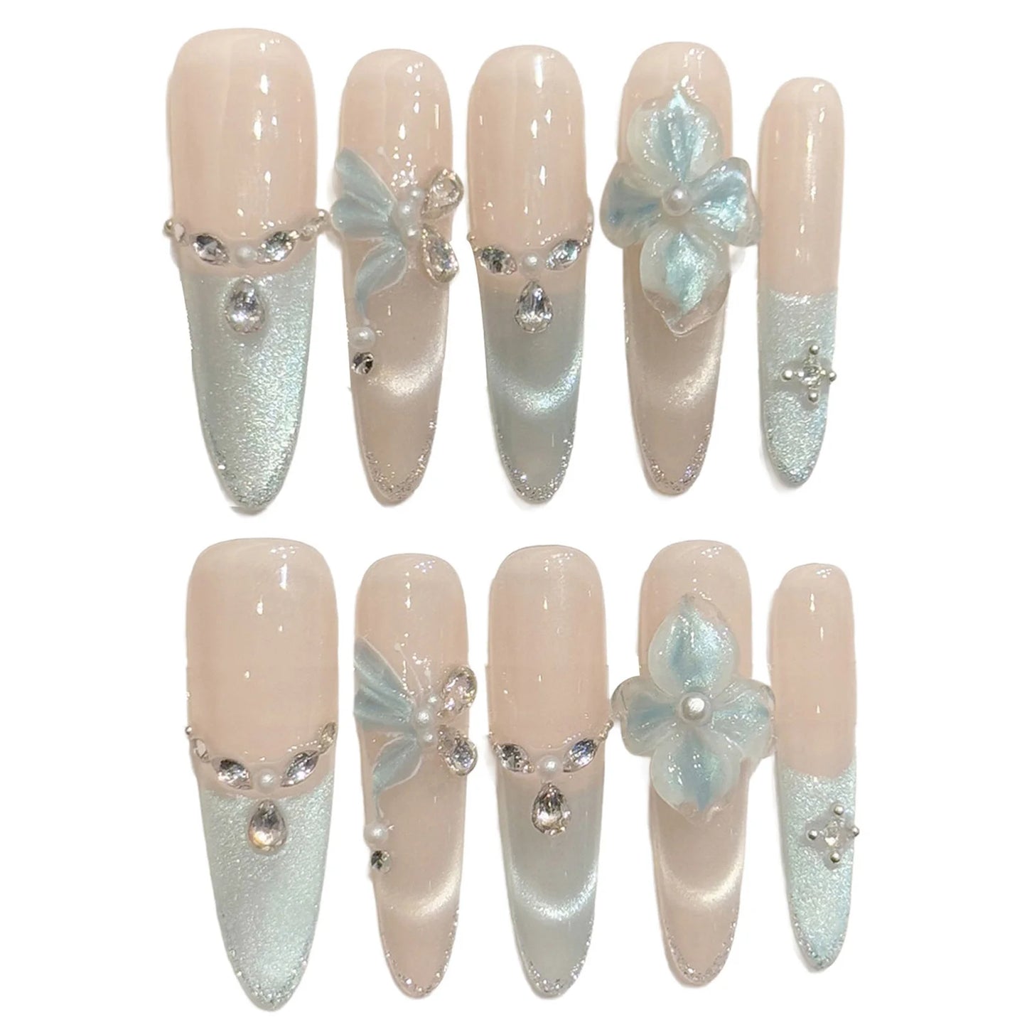 3D Ice Blue Butterfly Press On Nails – Long Tip False Nails