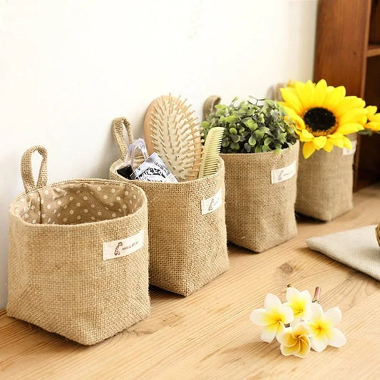 Desktop Jute Storage Bag Cotton Linen Basket Sundries Box Handle Peaceful Pleasures Health and Wellness