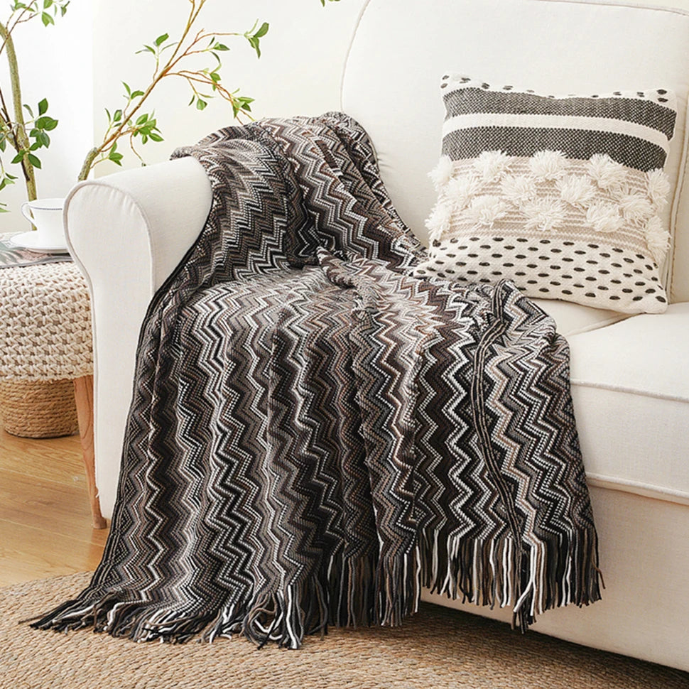 Battilo Boho Throw Blanket Lightweight Knit Throw With Tassels Bohemian woven Sofa Blankets Soft Bed Plaid Decorative Blanket Peaceful Pleasures Health and Wellness Black 130x200cm