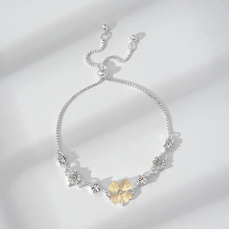 Four Leaf Clover Zircon Opal Charm Bracelet | Adjustable Bangle