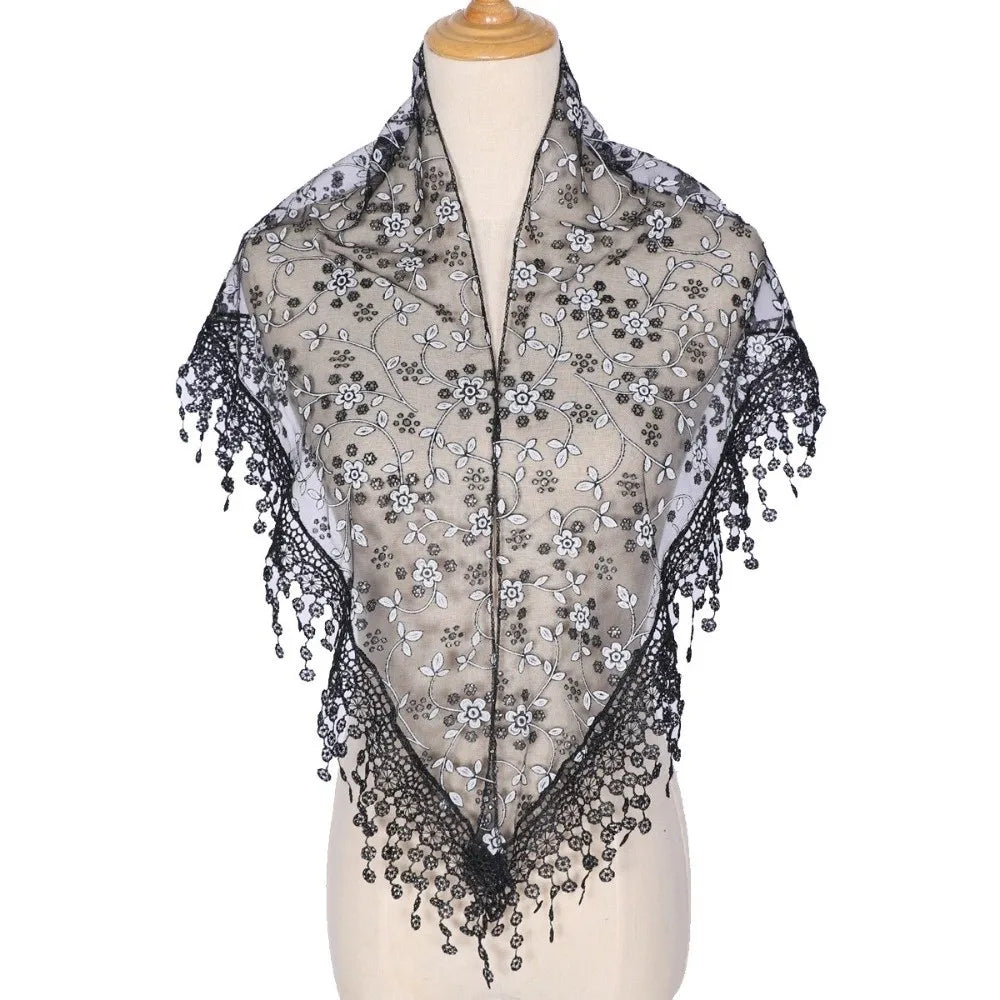 Women's Triangle Lace Veil Headscarf – Floral Sequined Scarf
