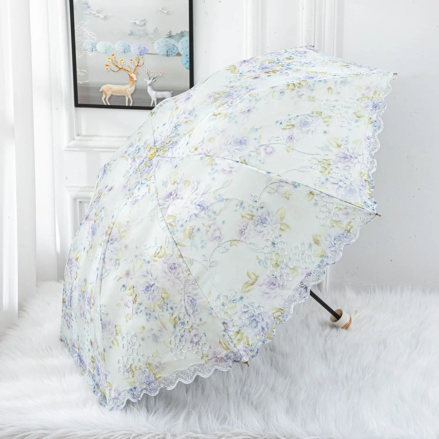 Double-layer Lace Umbrella Creative Embroidered Three-fold Princess Sunshade Umbrella Sun Protection Black Rubber Sun Umbrella Peaceful Pleasures Health and Wellness Blue 8K full-fiber
