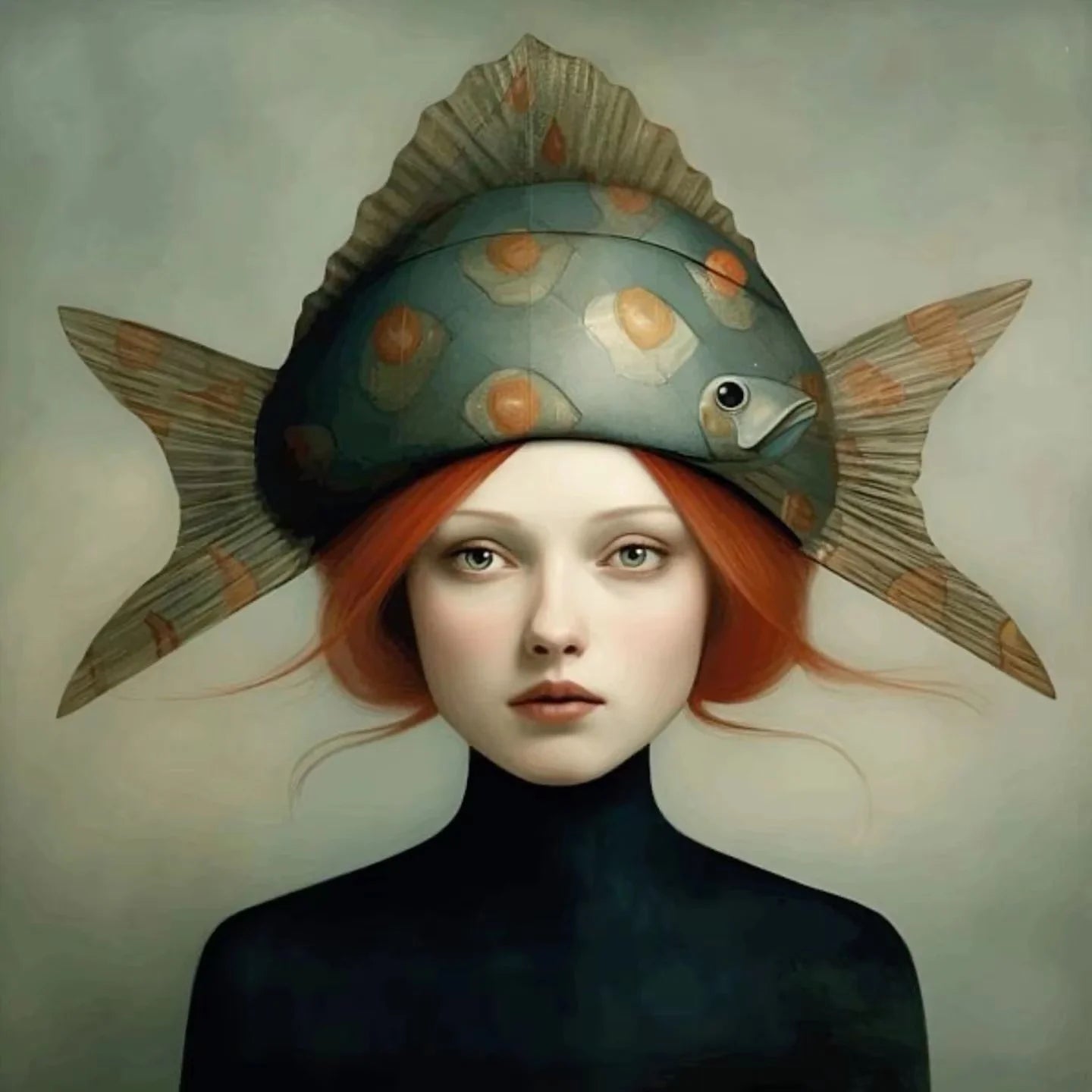 Surrealism Woman Portrait Canvas Painting Wall Art Wonderful Fantasy Fish and Girl Poster Prints for Living Room Home Decor Peaceful Pleasures Health and Wellness ZLH3547 20x20cm Unframed