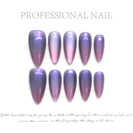 Handmade Press on Nails Purple Cat Eye Almond False Nails Fashion Cat Eye Fake Nail Tips Women Wearable Detchable Manicure Set Peaceful Pleasures Health and Wellness