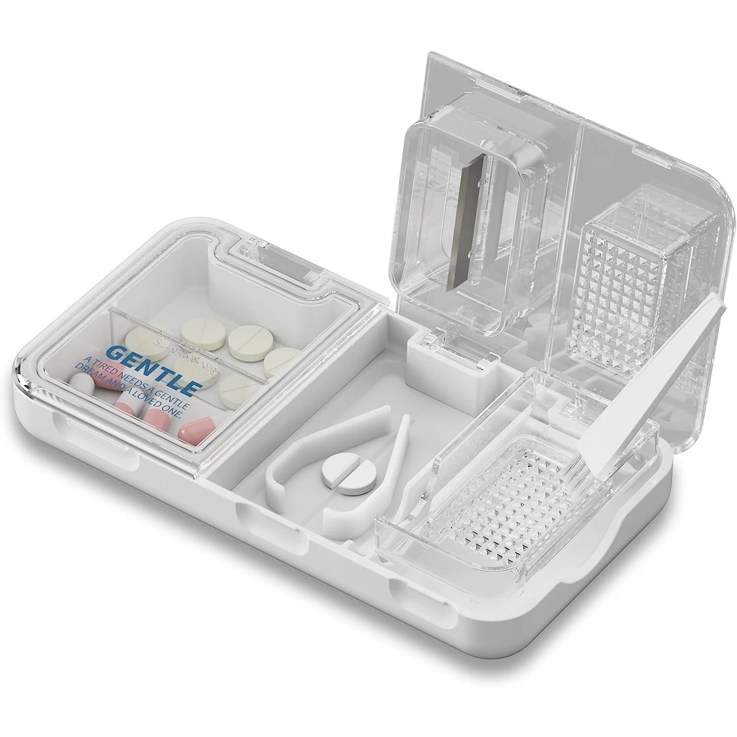 3-in-1 Pill Cutter Splitter Pill Box Portable Pretty Pill Crusher for Purse Pocket Travel Cuts Vitamins Tablets Pill Organizer Peaceful Pleasures Health and Wellness Gentle White