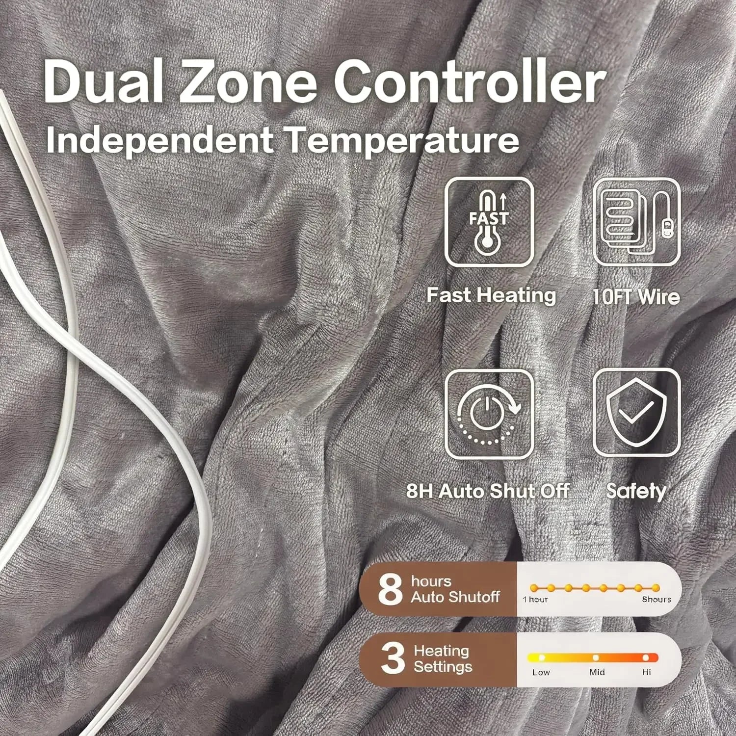 Queen Size Electric Heated Blanket with Dual Control, Fast Heating, 3 Levels, Auto Off, Washable Peaceful Pleasures Health and Wellness