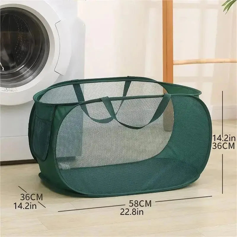 1pc Handy Laundry Mesh Popup Hamper, Foldable Lightweight Basket For Washing, Durable Clothing Storage Peaceful Pleasures Health and Wellness Green A