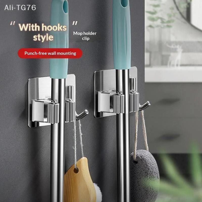 Wall Mounted Mop Holder Clip | 304 Stainless Steel Self-Adhesive