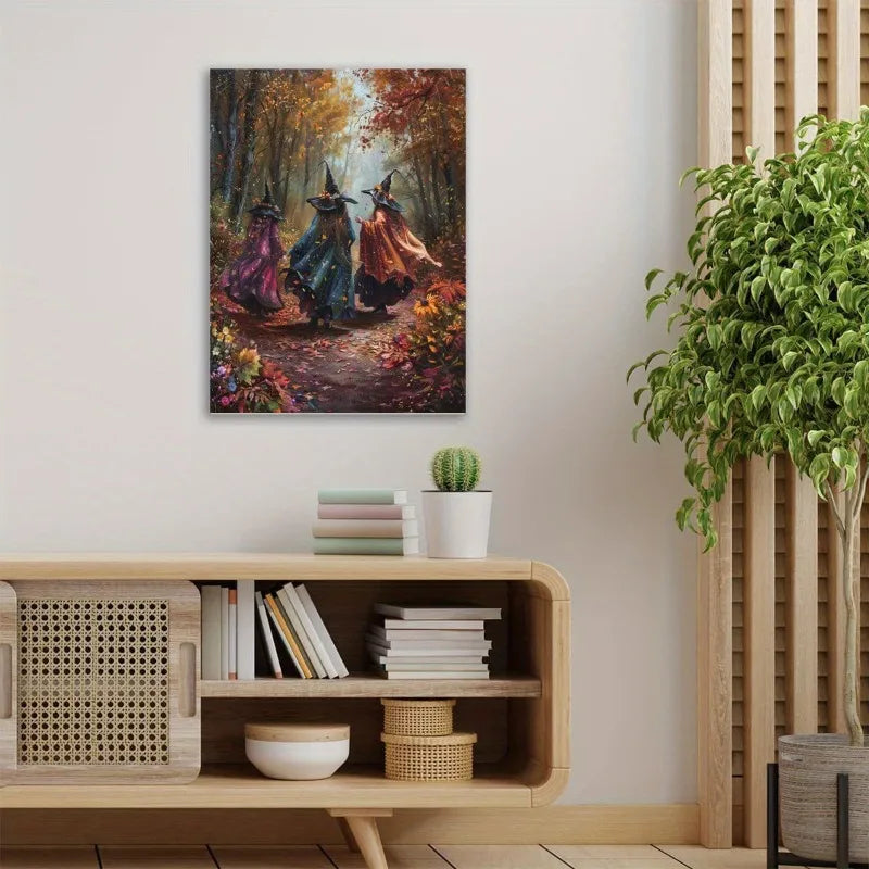 Three Witches Autumn Forest Halloween Canvas Wall Art – Unframed Canvas Wall Art Peaceful Pleasures Health and Wellness