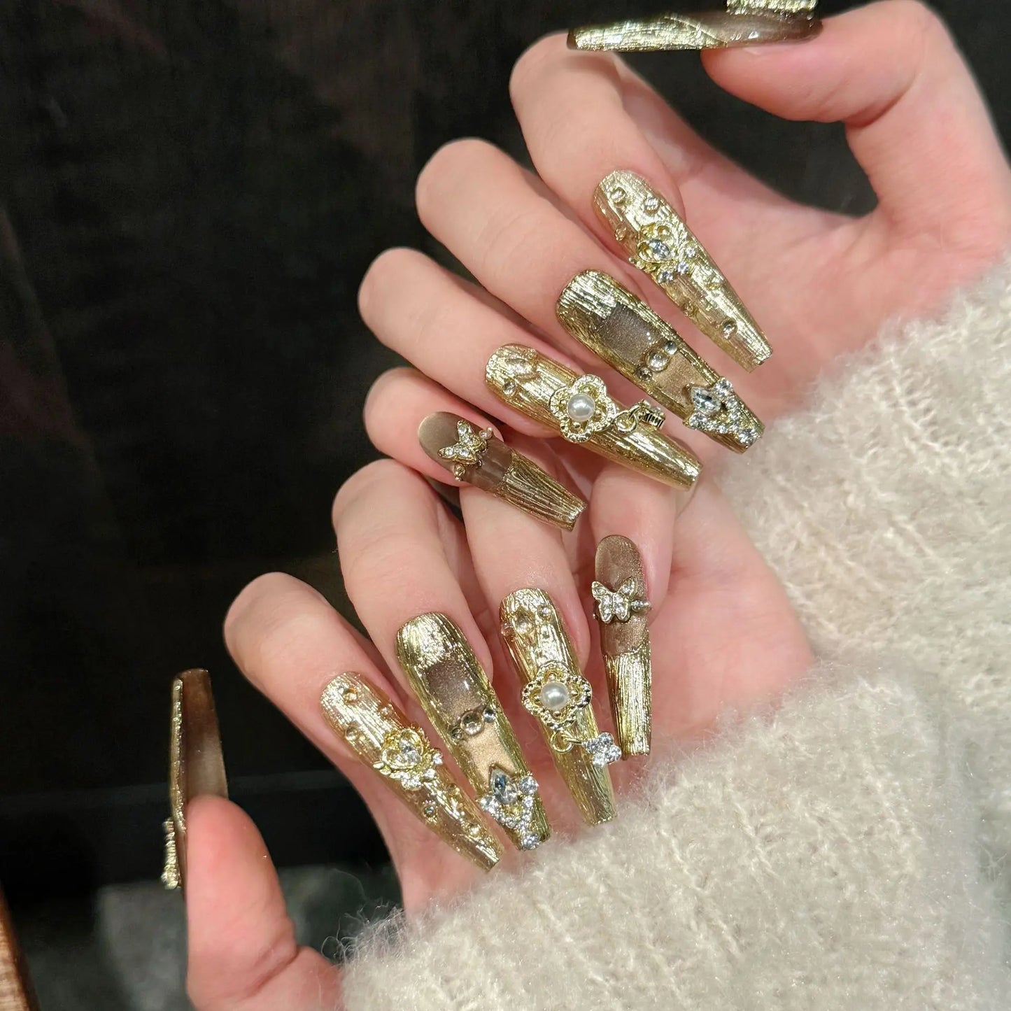 Handmade Press-On Nails | Gold Butterfly Rhinestone & Pearl