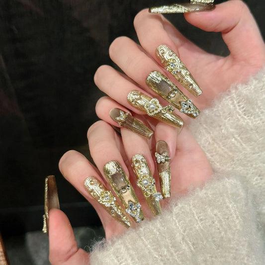 Handmade Press-On Nails | Gold Butterfly Rhinestone & Pearl Press-On Nail Set Peaceful Pleasures Health and Wellness