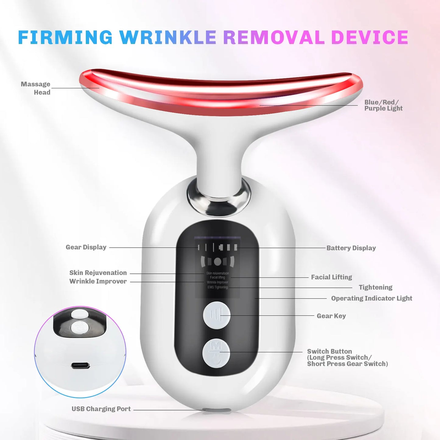 Microcurrent Neck Face Massager EMS Lifting Firming Skin Care Tightening Device LED Light Therapy for Neck Lines Reducer At Home Peaceful Pleasures Health and Wellness Type A