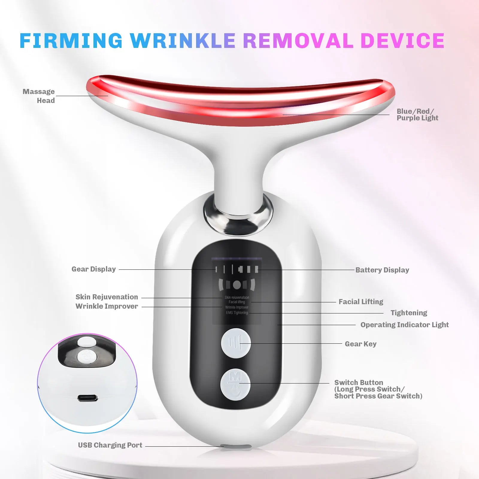 Microcurrent Neck Face Massager EMS Lifting Firming Skin Care Tightening Device LED Light Therapy for Neck Lines Reducer At Home Peaceful Pleasures Health and Wellness Type A