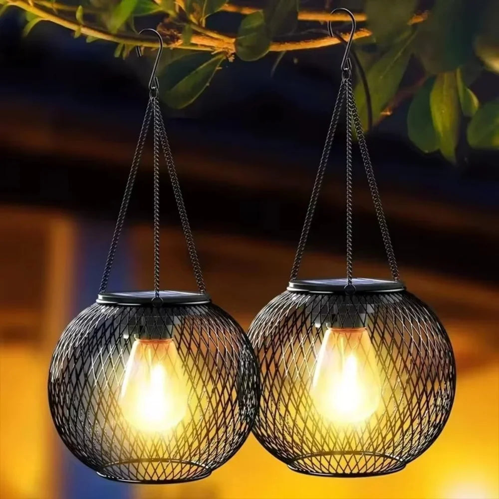 Solar Powered Hanging Lantern Metal Mesh LED Light Waterproof Outdoor Garden Yard Patio Decor Warm White/Butterfly Night Lamp Peaceful Pleasures Health and Wellness 2PC Black M
