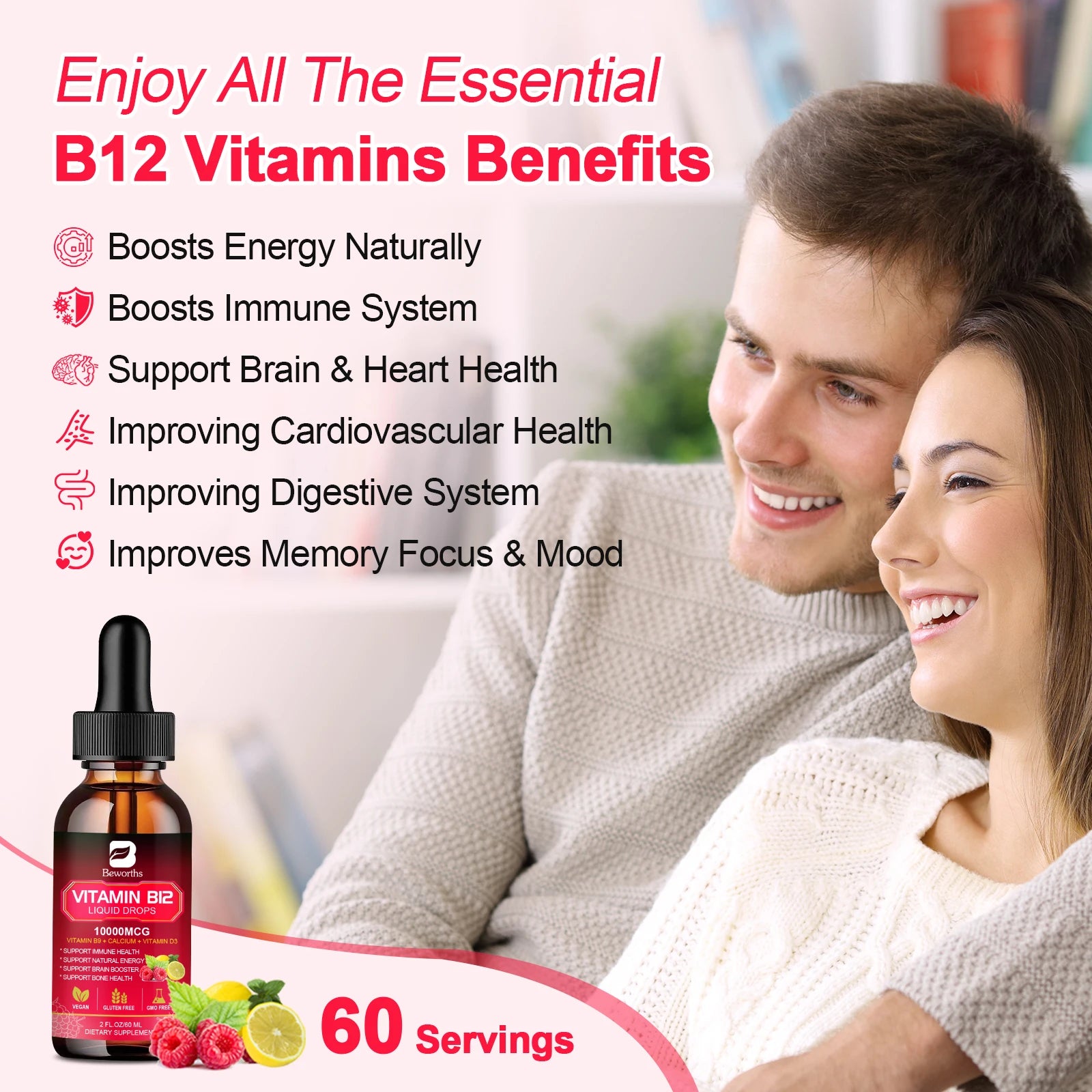Vitamin B12 Liquid Drops 10000mcg – Energy, Immune, Heart & Digestion Support | Raspberry | 60ml Peaceful Pleasures Health and Wellness