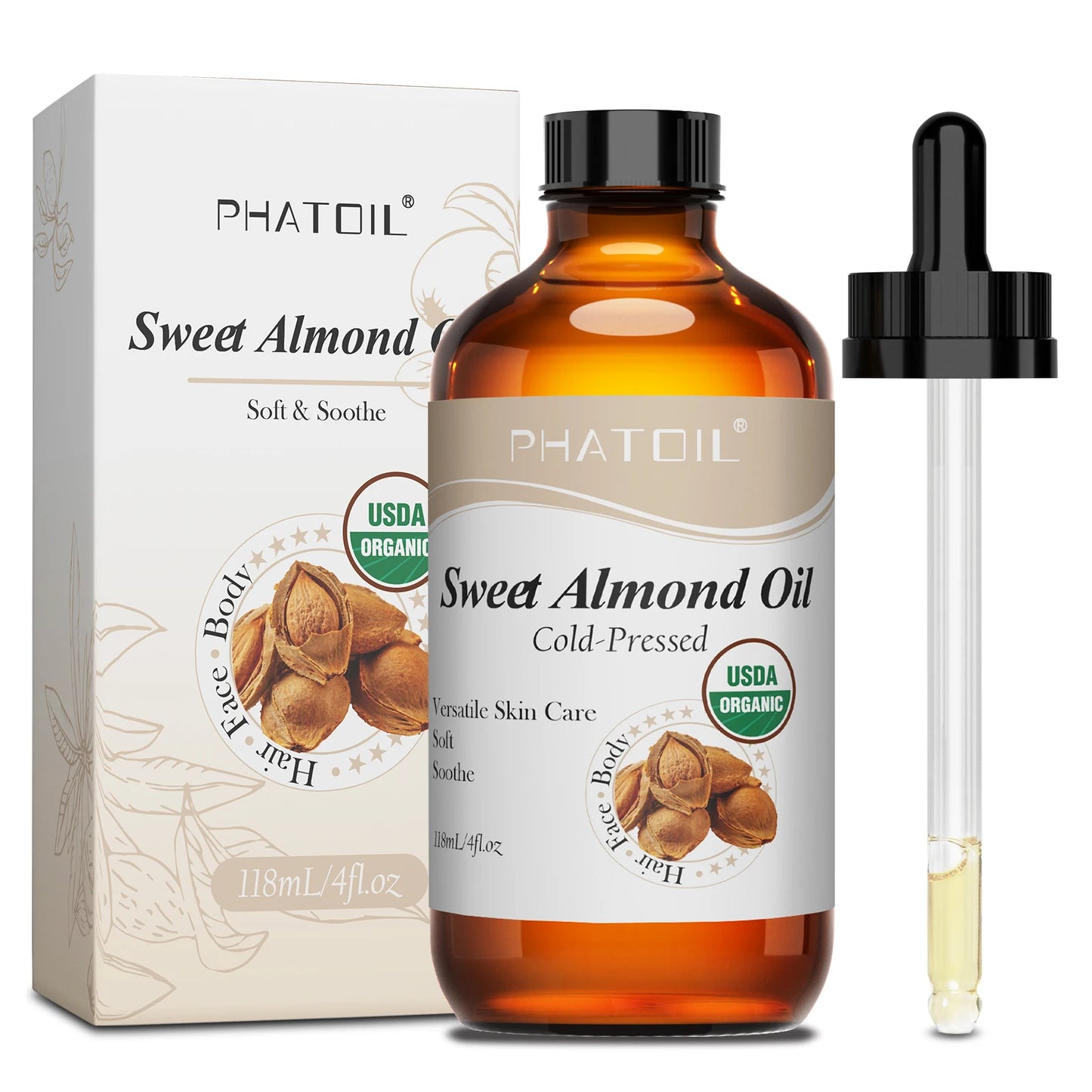 PHATOIL 118ml Organic Face Oil Natural Cold Pressed USDA Carrier Oils- Castor Oil,Jojoba,Moroccan Argan Oil,Rosehip Seed Oil Peaceful Pleasures Health and Wellness Sweet Almond Oil 118ml