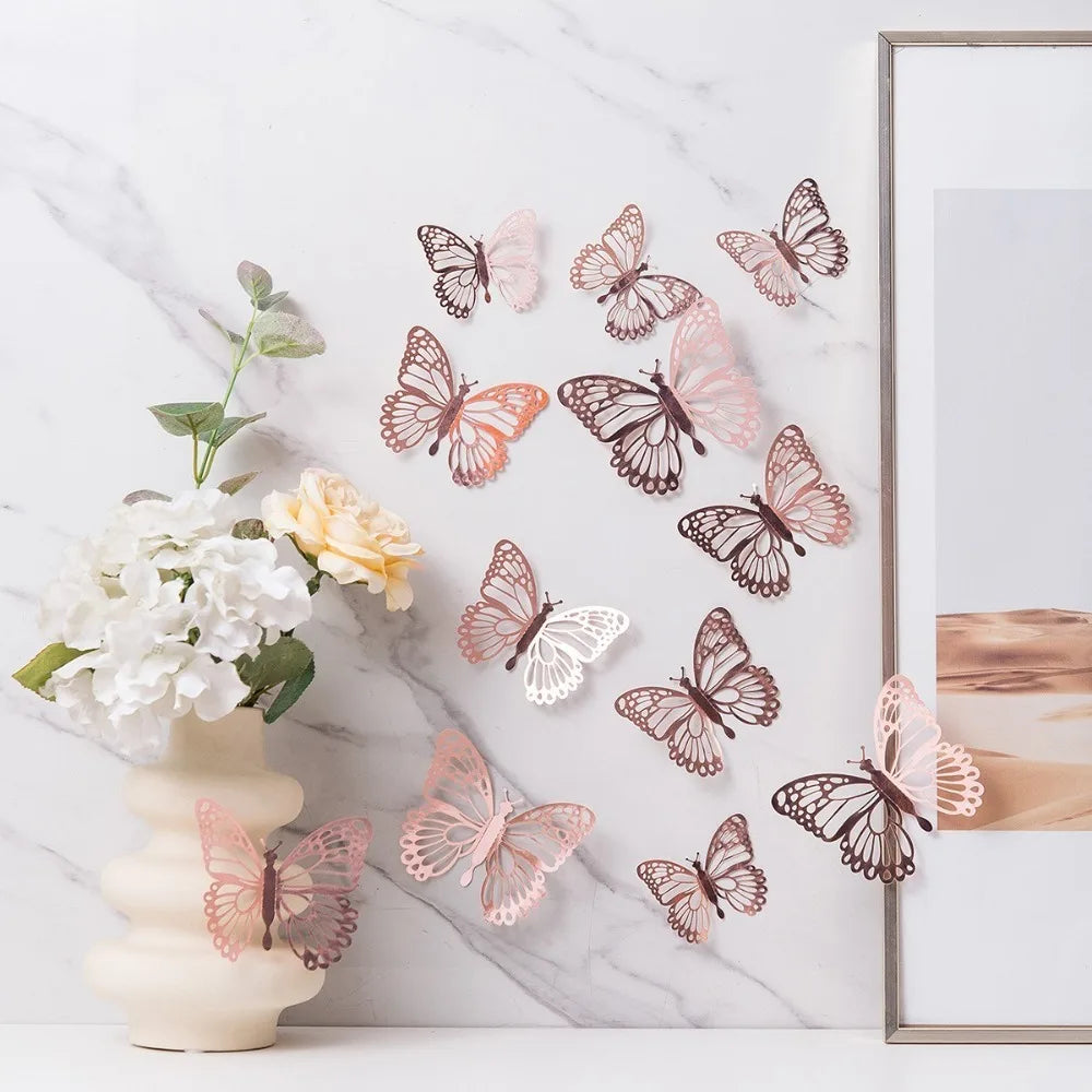 12pcs New 3D Butterfly Wall Stickers Self Adhesive Hollow Butterfly Butterfly Wallpaper DIY Decal Festival Decoration Peaceful Pleasures Health and Wellness A-Rose Gold
