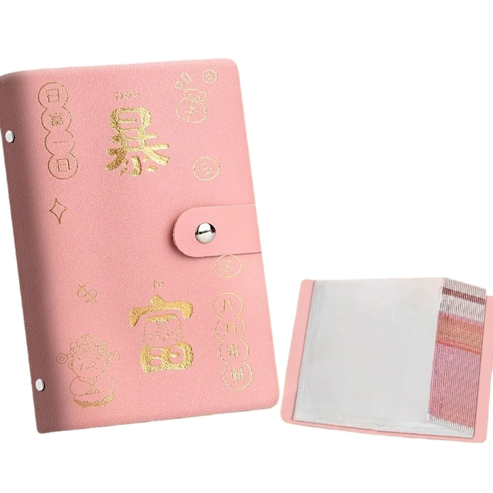 Chinese New Year Money Savings Challenge Binder PU Leather Storage Envelop Savings Challenges Book God of Wealth Style Peaceful Pleasures Health and Wellness Pink