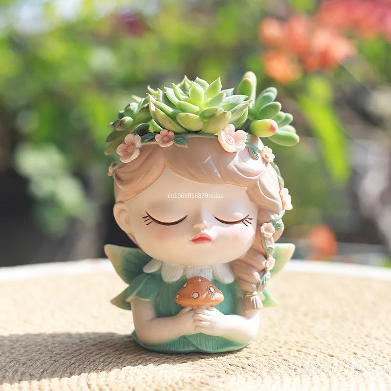Girl Head Planter Cartoon Girl Statue Figurine Resin Creative Flowerpot for Living Room Indoor Outdoor Garden Tabletop Gifts Peaceful Pleasures Health and Wellness