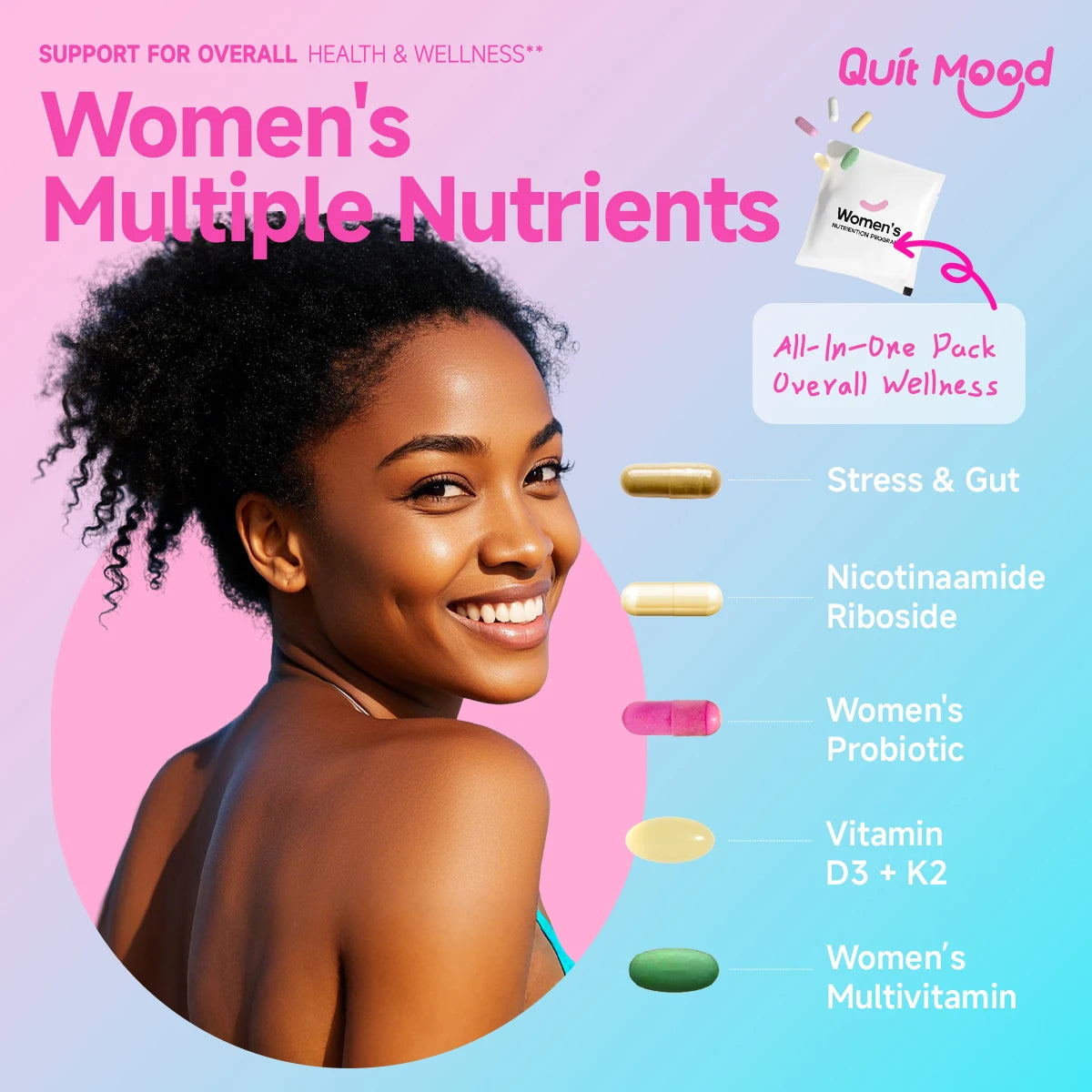 Quit mood-Women's 5-in-1 Daily Supplement | Multivitamin, Stress+Bone+Skin Support, Anti-aging | D3K2,NAD+ & Probiotics (30 Day) Peaceful Pleasures Health and Wellness