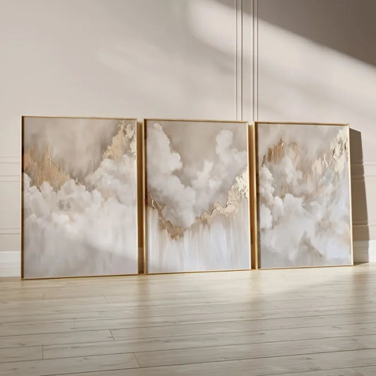 3pcs Beige Art Triptych Prints, Golden Cloud Abstract Modern Wall Art, Unframe Soft Tone Artwork, Romantic Art Poster Room Decor Peaceful Pleasures Health and Wellness