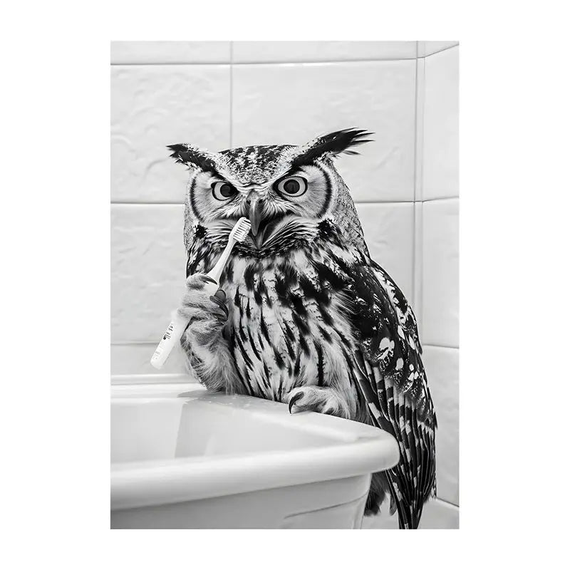 Funny Bathroom Animal Canvas Wall Art | Vintage Brushing Teeth
