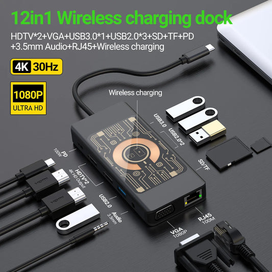 12-in-1 USB-C Docking Station | 4K HDMI, Wireless Charging, 100W PD USB-C Docking Station Peaceful Pleasures Health and Wellness black