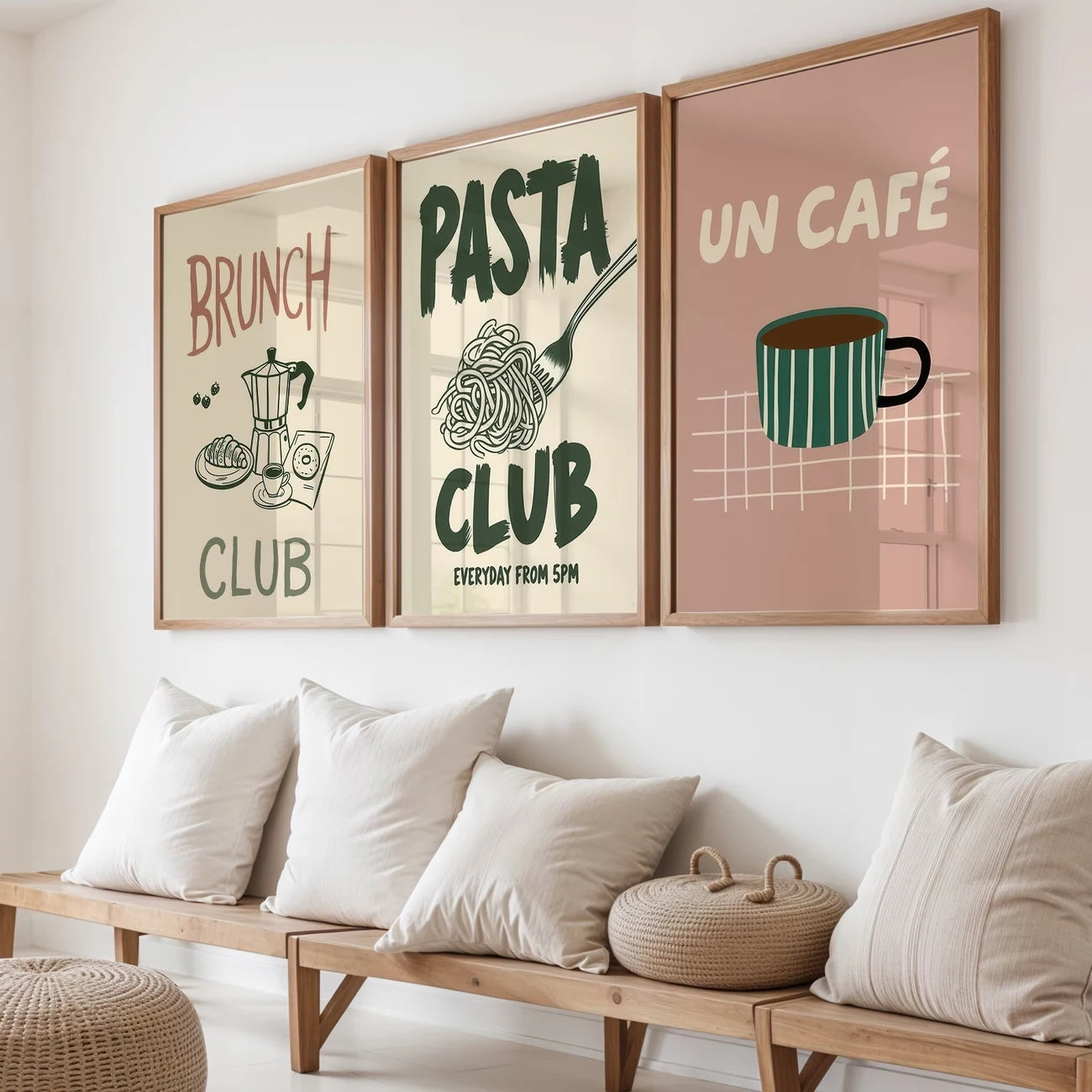 3pcsModern Pasta Club, Coffee, Green And Pink Wall Art Print Canvas Painting Poster Picture For Living Room,Bedroom Home Decor Peaceful Pleasures Health and Wellness