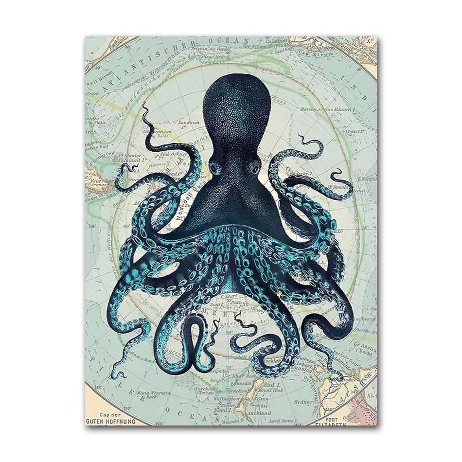 Poster Prints Nautical Coastal Wall Art Picture Antarctica Map Canvas Painting Home Wall Decor Kraken Octopus Tentacles Vintage Peaceful Pleasures Health and Wellness 2204-01 40x50cm Unframed