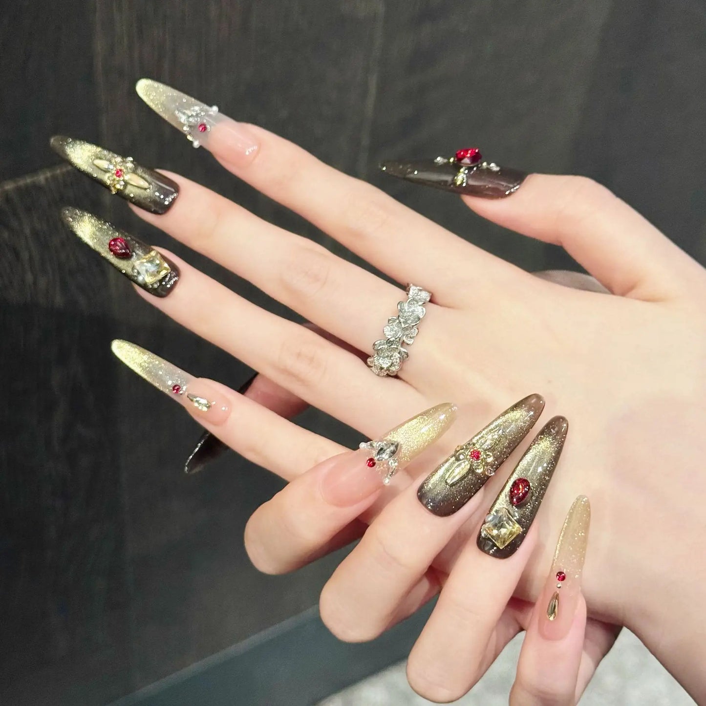 Handmade Burgundy Red Press On Nails – Glitter Cat Eye 10pcs