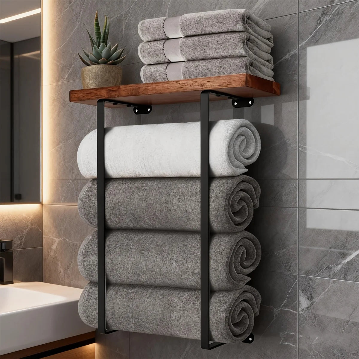Black Wall Towel Rack with Wooden Shelf | Bathroom Organizer Wall Towel Rack Peaceful Pleasures Health and Wellness