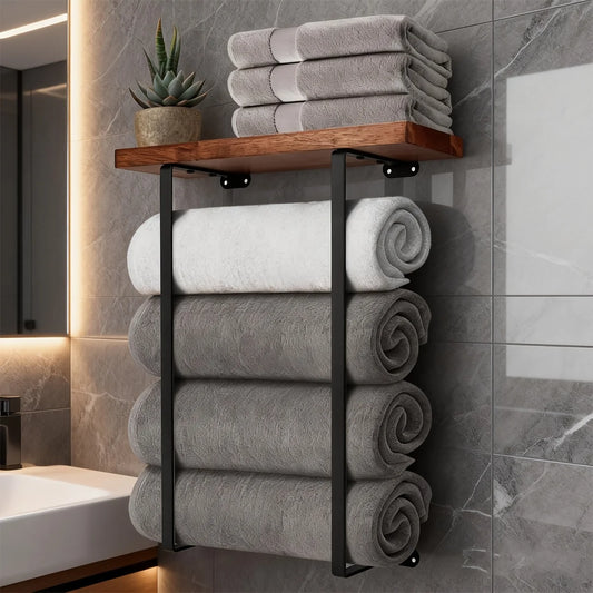 Black Wall Towel Rack with Wooden Shelf | Bathroom Organizer Wall Towel Rack Peaceful Pleasures Health and Wellness