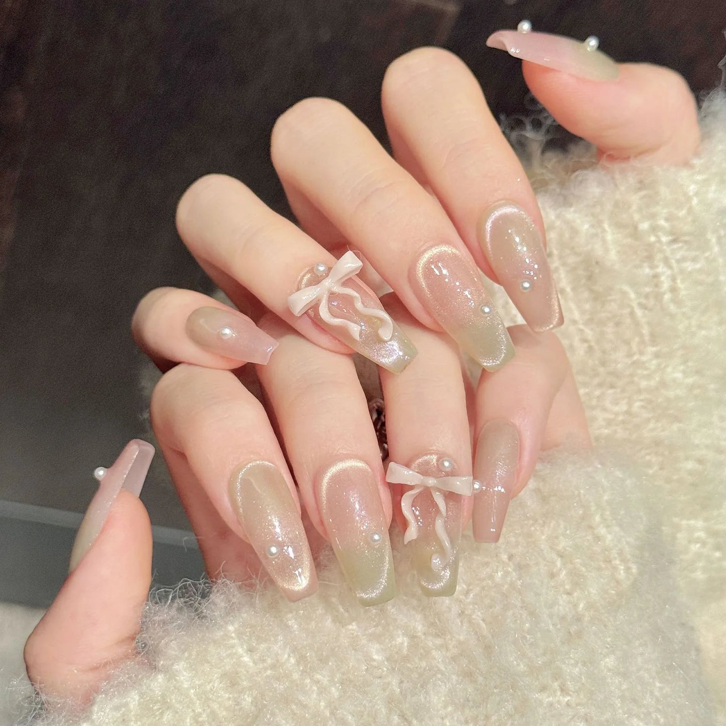 3D Ribbon Bow Press On Nails | Gradient Pink Green Cat's Eye