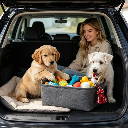 Felt Foldable Dog Toy Basket with Wooden Handle | Pet Storage Pet Storage Basket Peaceful Pleasures Health and Wellness China Mainland