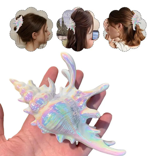 Conch Design Catch Clip Hairpin High-quality Colorful Shiny Ocean Shark Clip 3D Acrylic Seashell Hair Claw Portable Hairpin Gift Peaceful Pleasures Health and Wellness