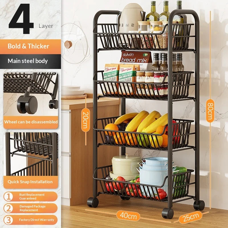 Sturdy Heavy Duty Space Saving Multilayer Kitchen Vegetable Fruit Storage Rack Rolling Cart with Baskets for Home Pantry Peaceful Pleasures Health and Wellness Black 4 Layer