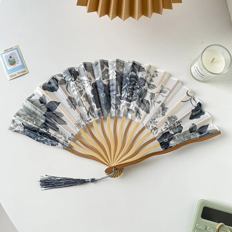 Silk Bamboo Folding Hand Fan – Vintage Floral Wedding & Dance Fan